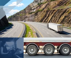 multi-image of a semi on a highway, an owner operator driving a truck, and a close up of a semi trucks tires