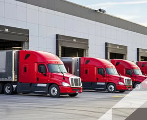 Fleet of trucks parked at a loading bay