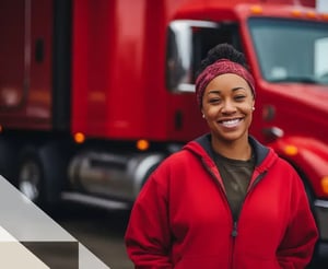 Female operator stands I front of her commercial truck