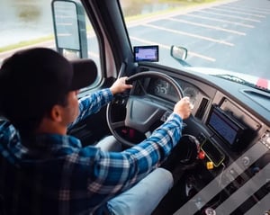 owner operator drives his truck through a parking lot